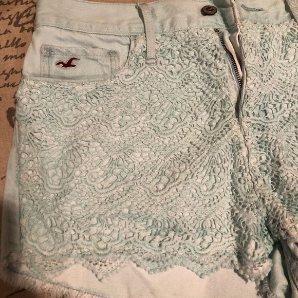 Hollister Light Mint High Waisted Crochet Lace Jean Shorts - Picture 2 of 4